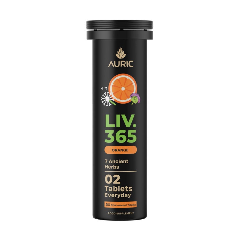 Auric Liv.365 Supplement 20 Tablets Orange Flavour Effervescent Fizzy Water with 10 Ayurvedic Herbs Drop, Dissolve, Fizz, Drink